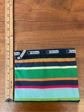LeSportsac Striped Zip Pouch in Navy, Green, Aqua & Orange with Pink Accent